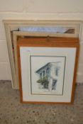 Mixed Lot: Oil on canvas street scene, oil of chickens and two further coloured prints (4)