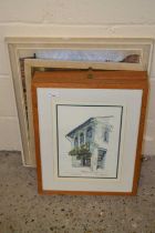 Mixed Lot: Oil on canvas street scene, oil of chickens and two further coloured prints (4)