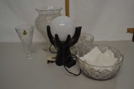 Mixed Lot: Large cut glass vase, various bowls, table lamp etc