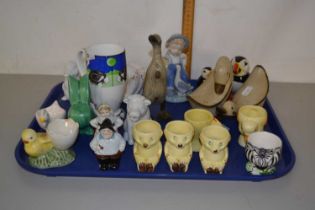 Tray of various assorted egg cups, animal ornaments etc