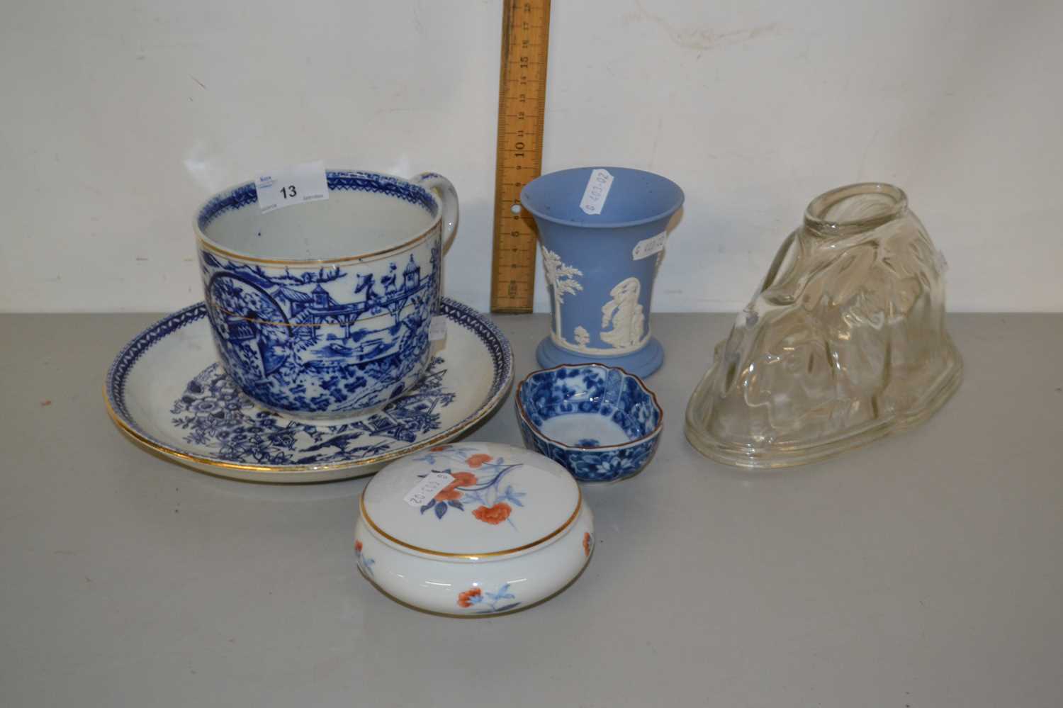 Mixed Lot: Glass jelly mould, Wedgwood Jasper ware vase, blue and white cup and saucer etc