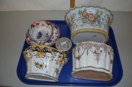 Tray of various Delft type flower vases and other items