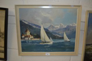 Continental school study of a bay scene with yachts, oil on board, indistinctly signed