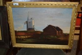 Dutch School, 20th century, Windmill and delapidated building with gathered figures, oil on