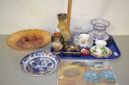 A tray of various mixed ceramics and glass ware to include a Delft lustre vase
