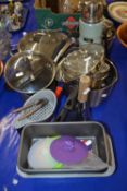 Mixed Lot: Various saucepans, Thermos flask, baking tins etc