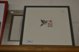 A coloured print of a humming bird together with a further modern pewter plaque marked Rose Bowl (