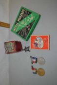 Mixed Lot: Vintage metal puzzles, gyroscope, spinning top, vintage playing cards, coronation of