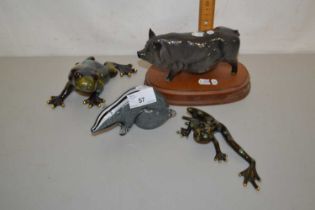 Mixed Lot: Royal Doulton model of a pig, a glass badger and two further models of frogs