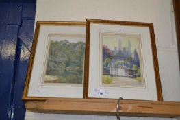 Pair of studies Byrons Pool and Clare College, coloured prints, framed and glazed