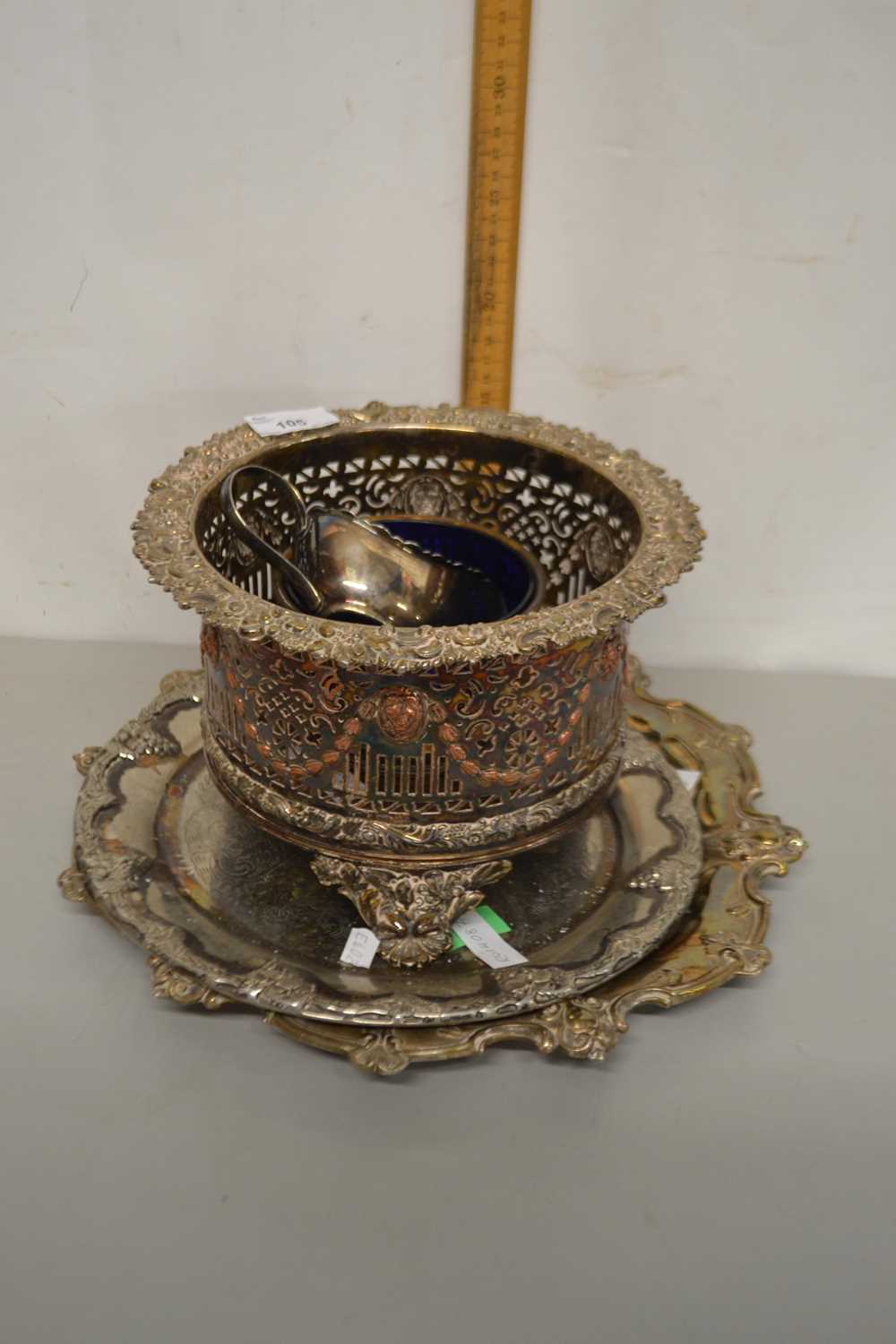 Mixed Lot: Silver plated jardiniere or bottle stand, silver plated trays and other items