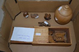 Mixed Lot: Four contemporary Netzuke, a box of wooden toy farm animals and a hand turned chestnut