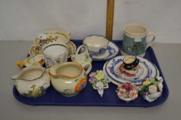 Tray of mixed items to include Doulton Norfolk tea wares, various porcelain model flowers and