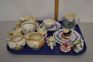 Tray of mixed items to include Doulton Norfolk tea wares, various porcelain model flowers and