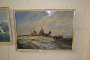 W.Gill, boats on rough sea, oil on board, framed (a/f)