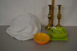 Mixed Lot: Brass candlesticks, kitchen wares, table cloth etc