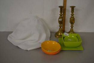 Mixed Lot: Brass candlesticks, kitchen wares, table cloth etc