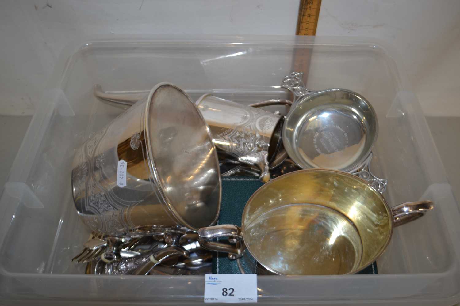 Box of various silver plated cutlery, tea wares etc