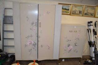E. Gomme G-Plan pale grey and floral painted double wardrobe and matching two door cupboard