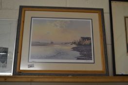 Godfrey Sayers, coloured print of a harbour scene, framed and glazed