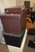 Three leatherette storages boxes and a brief case