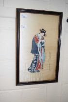 Japanese, circa 19th century, lady in Kimono dress reading a scroll, gouache on silk, 28x49cm,