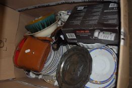 Mixed Lot: Various tea and dinner wares, pewter plate, binoculars, other items etc