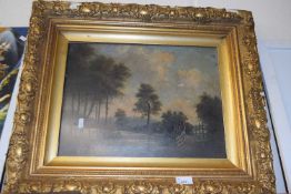 A forded road with woodland beyond, gilt frame
