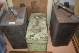 Two vintage oil cans and a metal storage box