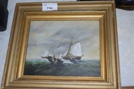 Boats on stormy seas, oil on board, gilt frame