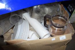 Mixed Lot: Glass demi john, coffee jugs, disposable coffee cups, dinner wares etc