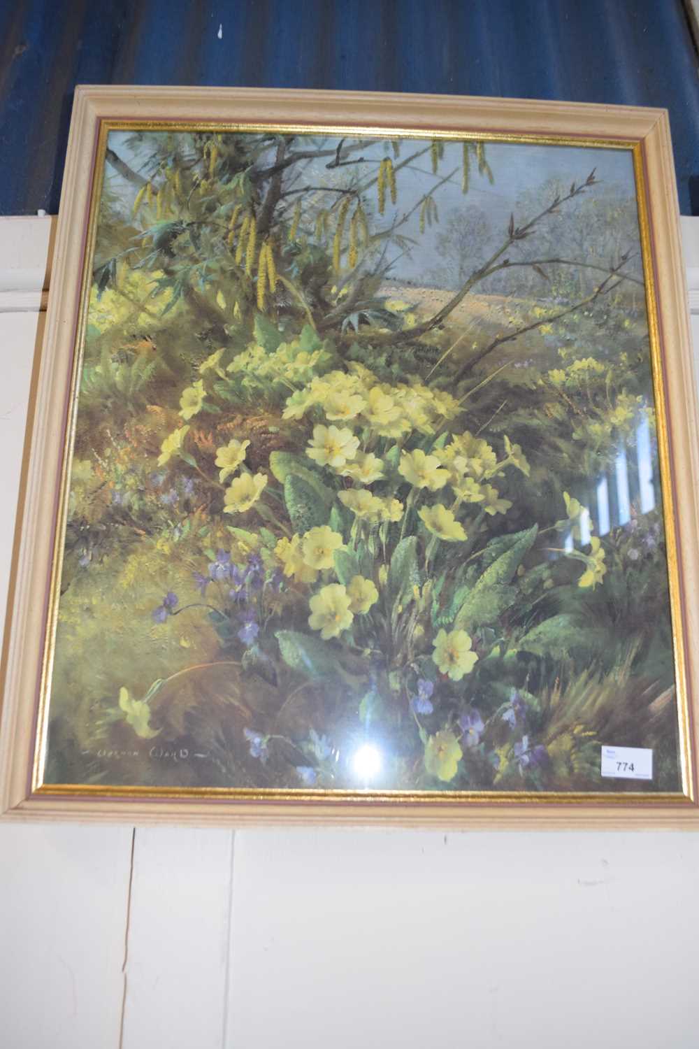 Yellow primroses, reproduction print, framed and glazed