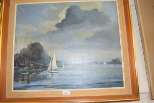 Frank Wass (British, 20th century), boating scene on the broads, oil on canvas, signed,19.5x24ins,