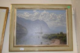 Boat on a mountain lake, oil on board, framed