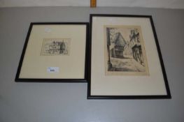 Two framed etchings, The Old Cow and Hare, Norwich and Elm Hill, Norwich, framed and glazed