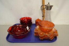 Mixed Lot: Various Carnival glass wares, ruby glass bowls, decanter etc