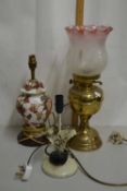 Mixed Lot: Comprising an oil lamp converted to electricity plus two further table lamps