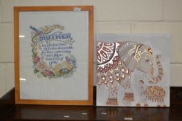 Modern study Elephant and Baby together with a needlework picture Mother