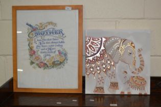 Modern study Elephant and Baby together with a needlework picture Mother