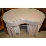 White painted kidney shaped dressing table with fabric surround
