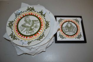 A group of Holkham pottery plates produced for Shakespeare exhibition together with a similar teapot