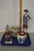 Tray of mixed items to include an iron stone jug, a composition figure, a Egyptian style model cat