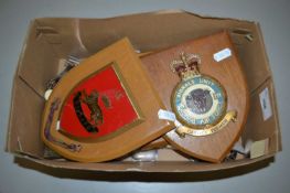 Box of various assorted cutlery, military wall plaques etc
