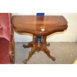 A reproduction inlaid pedestal card table with green baize lined interior, 84cm wide