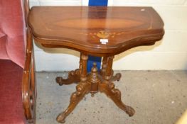A reproduction inlaid pedestal card table with green baize lined interior, 84cm wide