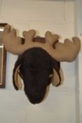 Fabric moose head on wall mount shield back