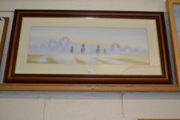 Study of horse riders in a misty landscape, indistinctly signed