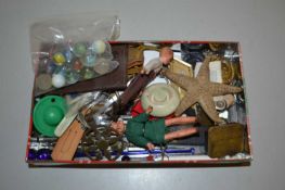 Tin of various items to include technical drawing items, small dolls, pottery star fish etc