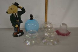 Mixed Lot: Four various glass light shades, a further small table lamp and a composition model of