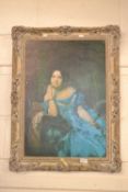 Contemporary oleograph print of a seated lady, framed